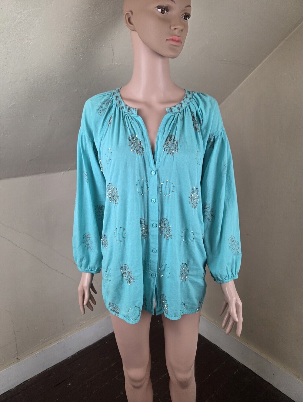 Lola Australia Oversized Tunic Blouse Aqua‎ Blue Sequin Embellished Boho Top S